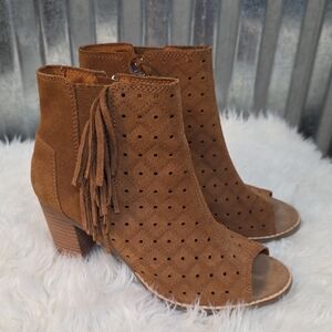Toms Brown Perforated Heeled Open Toe Boots with Fringe